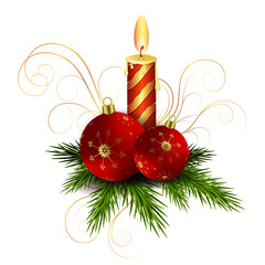 Christmas composition with a burning candle, two red Christmas balls and Christmas tree twigs.