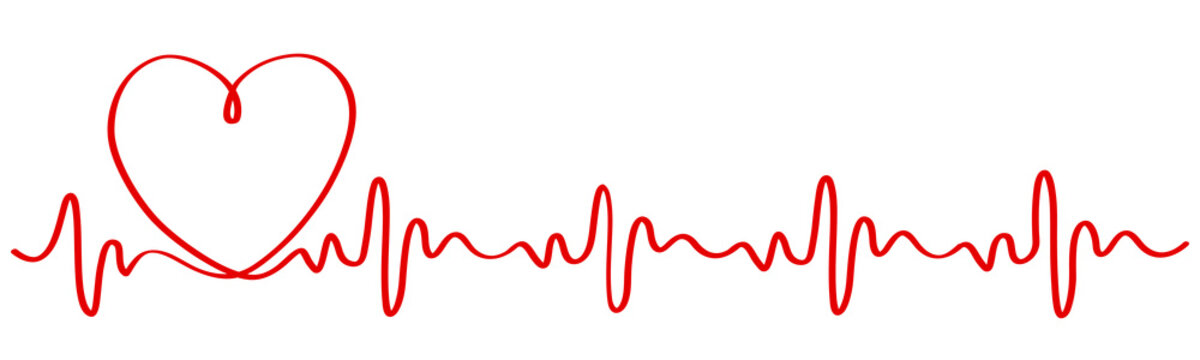 Red heart and pulse one line hand drawn, cardiogram sign, heartbeat - stock vector