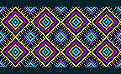 Pixel geometric ethnic pattern, Vector embroidery ikat background, Pixel jacquard style, Yellow pink and blue pattern square fashion, Design for textile, fabric, curtain, print, mugs