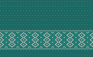 Crochet pattern, Vector cross stitch knitting background, Knitted ethnic decorative ikat style, Green pattern triangle traditional, Design for textile, fabric, curtain, print, tapestries