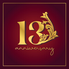 13th Anniversary celebration banner with  on red background. Vintage Decorative number vector Design.