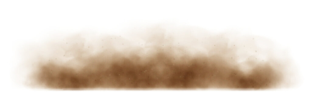 Sand cloud, sandstorm, dirty dust or brown smoke. Heavy thick smog effect isilated on white background. Realistic vector illustration