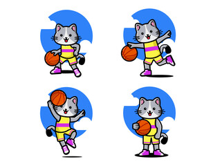 Set of happy cute cat playing basketball