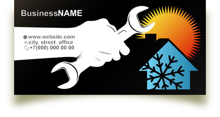 Wrench in hand. Sun and snowflake symbol. Air conditioner service and repair business card concept