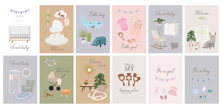 Posters with decor in the nursery. Children's interior. baby shower cards for boy and girl with newborn clothes