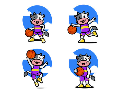 Set of happy cute cow playing basketball