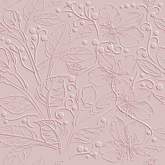 3d embossed floral lines seamless pattern. Ornamental  leafy relief background. Repeat textured pink backdrop. Surface doodle lines flowers, leaves, branches, circles. 3d ornaments. Endless texture