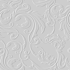 Floral Baroque white 3d seamless pattern. Vector embossed vintage background. Repeat emboss backdrop. Surface relief 3d flowers leaves ornament in Baroque style. Textured design with embossing effect