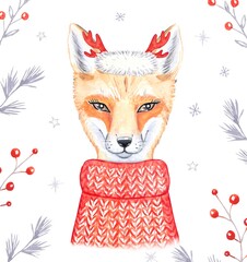 Obraz premium Fox in a red knitted sweater. watercolor illustration