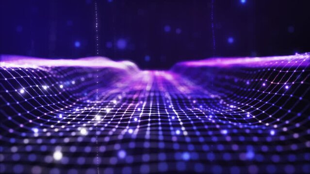 Futuristic flying over 3D purple blue digital landscape mountain terrain abstract technology background - moving dots and lines network connection structure in space background. 3D Rendering.