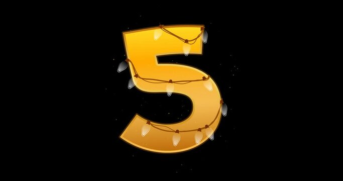Number 5 animation. Digits with glowing christmas lights and bulbs. Festive decorative glowing symbol 5 for birthday count. 60 FPS 4K with transparent background. Light switching on and off.