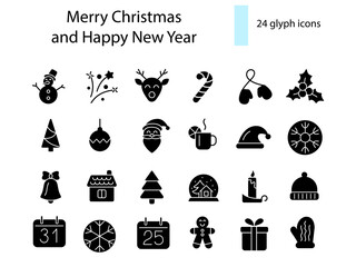 Merry Christmas and New Year glyph icons collection. Holiday gingerbread man. Isolated vector stock illustration