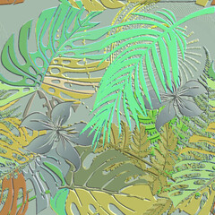 Fototapeta na wymiar Textured floral line art tracery 3d seamless pattern. Tropical palm leaves relief background. Repeat embossed floral colorful backdrop. Surface flowers, leaves, branches. 3d endless leafy ornaments