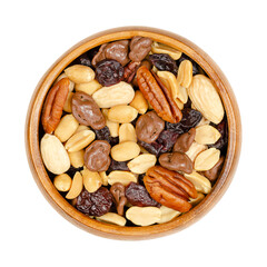 Nut and berry mix, with milk chocolate, in a wooden bowl. Sweet snack food, and mixture of roasted...