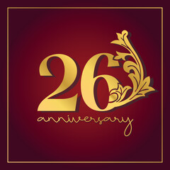 26th Anniversary celebration banner with  on red background. Vintage Decorative number vector Design.