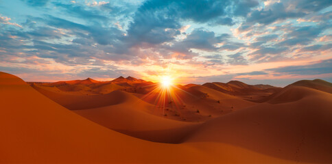 Sand dunes in the Sahara Desert, Merzouga, Morocco - Orange dunes in the desert of Morocco - Sahara desert, Morocco - obrazy, fototapety, plakaty