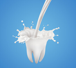 Splash of milk in form of Tooth symbol, for design elements with clipping path. 3D illustration.