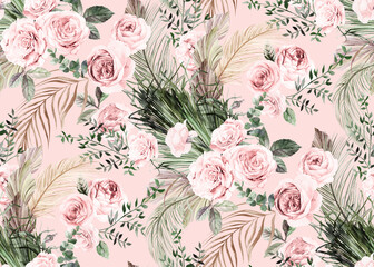 Seamless watercolor pattern with flowers of delicate roses and dry branches and leaves of palm trees