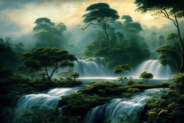sunrise rainforest panorama, african jungle river with tropical vegetation and waterfalls, exotic fantasy landscape, fictional landscape created with generative ai - obrazy, fototapety, plakaty