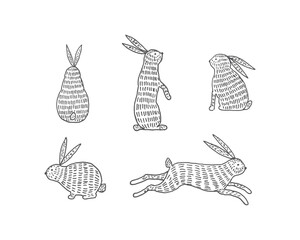 Hand drawn style line drawing illustration set of rabbit in various poses