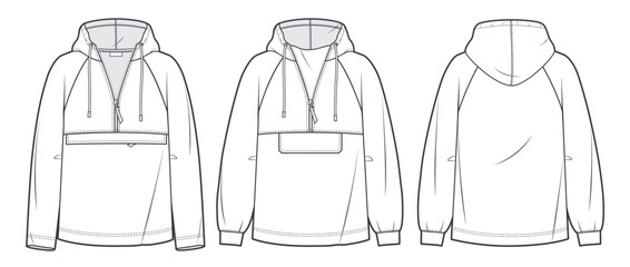 Raglan Sleeve Hoodie technical fashion illustration. Oversize Sweatshirt, Anorak fashion flat technical drawing template, zip-up, pocket, front and back view, white, women, men, unisex cad mockup set. © Liubov Hladka