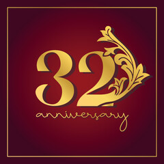 Obraz na płótnie Canvas 32nd Anniversary celebration banner with on red background. Vintage Decorative number vector Design.