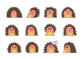 Set. Cute cartoon hedgehogs. Different emotions. Vector stock illustration. White background. Children's illustration. Joy, sadness, anger, awkwardness, laughter, coolness..