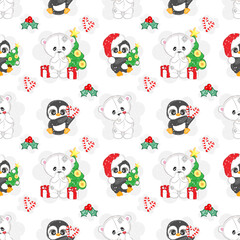 Seamless pattern with white Christmas bear and penguin, vector illustration