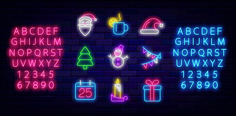 Merry Christmas and Happy New Year neon icons collection. Santa Claus and snowman. Vector stock illustration