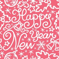 seamless pattern with hearts and happy new year lettering 