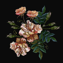 Embroidery. Pink autumn roses flowers. Fashion vintage garden art. Template for design of clothes, tapestry