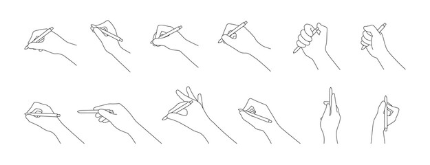 Hand hold pen in different gestures line style with editable stroke vector illustration isolated