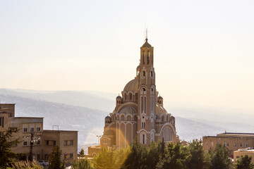 Aerial Panoramic view of Our Lady of Lebanon Maronite shrine over top of Harissa Mountain of Jouthe Jounieh bay, in Lebanon, Middle East