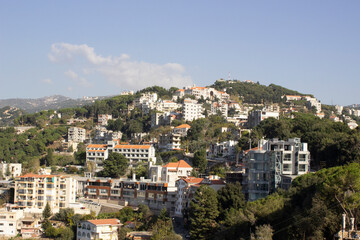 Fototapeta na wymiar Aerial Panoramic view from top of Harissa Mountain, Jbeil Governorate of Lebanon