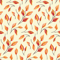 Seamless pattern, elegant botanical print with scattered foliage. Artistic surface design with painted autumn botany, hand drawn yellow leaves in abstract arrangement on light background. Vector.