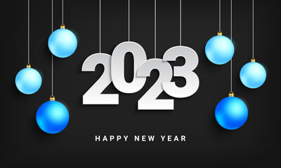Happy new year 2023. Celebration design with hanging white numbers and blue ball decoration on black background. Vector illustration