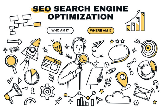 Social media analytics, sales management and digital marketing optimization concept. Doodle icons of seo technology, statistic analysis with charts and graphs. Online search vector illustration.