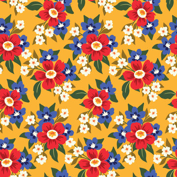 Seamless floral pattern, summer ditsy print with cute flower bouquets. Bright flower surface design with hand drawn red flowers, small leaves on yellow background. Vector floral illustration.
