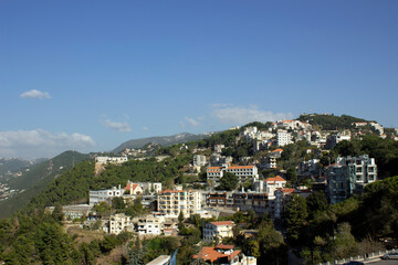 Fototapeta na wymiar Aerial Panoramic view from top of Harissa Mountain, Jbeil Governorate of Lebanon