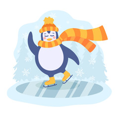 Cute cartoon penguin ice skates on winter ice rink in warm clothes. Vector illustration