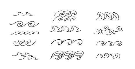 Wave sea, aqua flow line doodle set. Vector hand drawn sketch doodle outline illustration