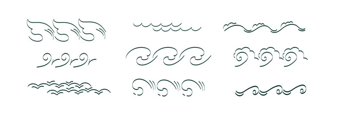 Wave sea, aqua flow line doodle set. Vector hand drawn sketch doodle outline illustration