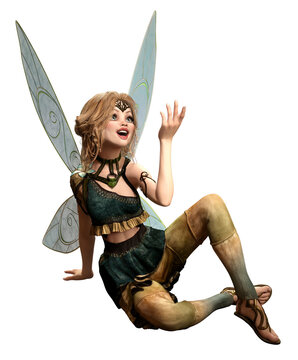Fairy sitting and looking in wonder 3D illustration	