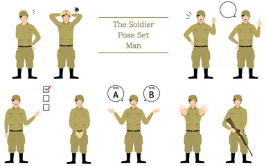 男性兵士のポーズセット、疑問・悩む・励ます・指さしetc
