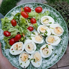 Colorfull low carbohydrate meal with boiled eggs and fresh salad for healthy life. Paleo food. Simple lowcarb meal.