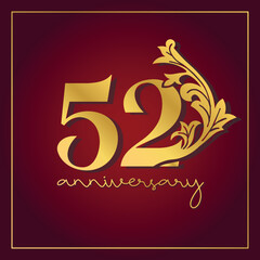 52nd Anniversary celebration banner with  on red background. Vintage Decorative number vector Design.