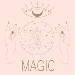 Mystic boho logo, design elements with moon, hands, star, eye. Vector magic symbols isolated on white background