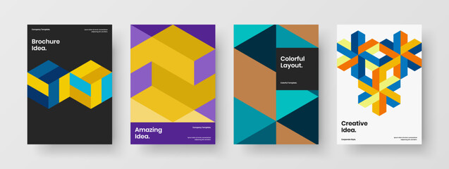 Fototapeta premium Amazing geometric shapes leaflet layout bundle. Unique journal cover A4 vector design template collection.