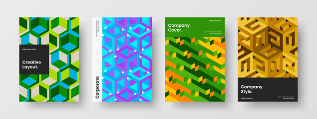 Fototapeta premium Vivid book cover A4 design vector illustration bundle. Simple mosaic pattern poster template set.