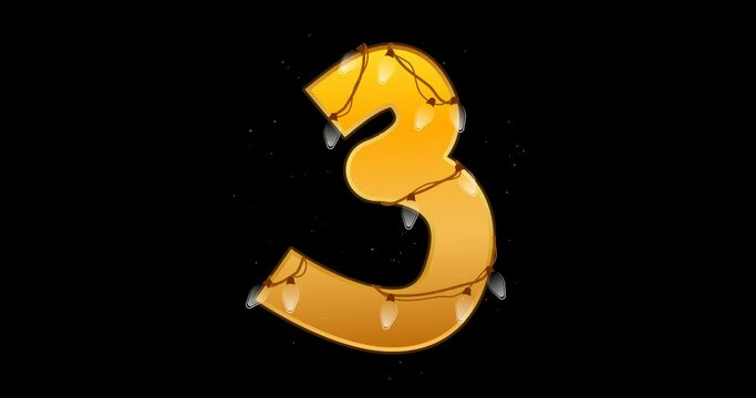 Number 3 animation. Digits with glowing christmas lights and bulbs. Festive decorative glowing symbol 3 for birthday count. 60 FPS 4K with transparent background. Light switching on and off.